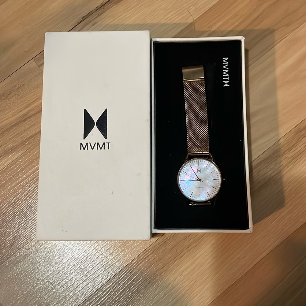MVMT Rose Gold Mesh Bracelet Watch with Iridescent Mother-of-Pearl Dial